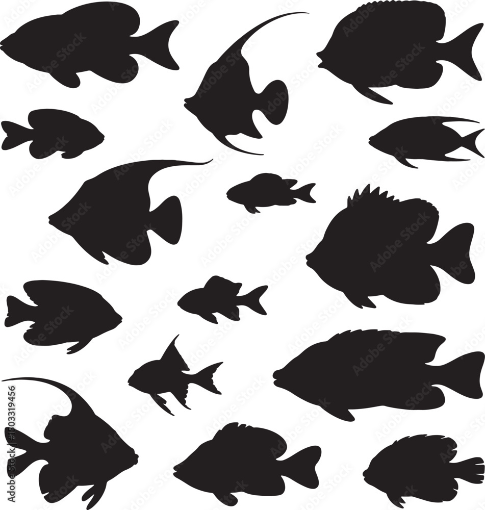 Fototapeta premium Silhouettes of various tropical fish species