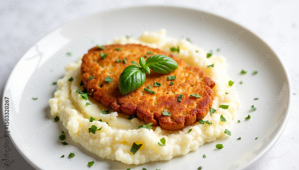 Schnitzel served on creamy mashed potatoes with fresh herbs Schnitzel served on creamy mashed potatoes with fresh herbs