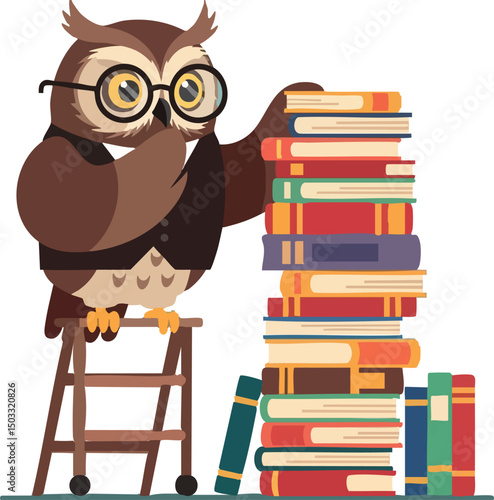 Wise owl with glasses standing on ladder near tall stack of colorful books vector illustration 