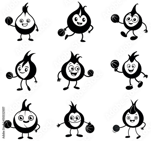Black and White Cartoon Onion Characters Playing Basketball – Fun Vegetable Mascots Set