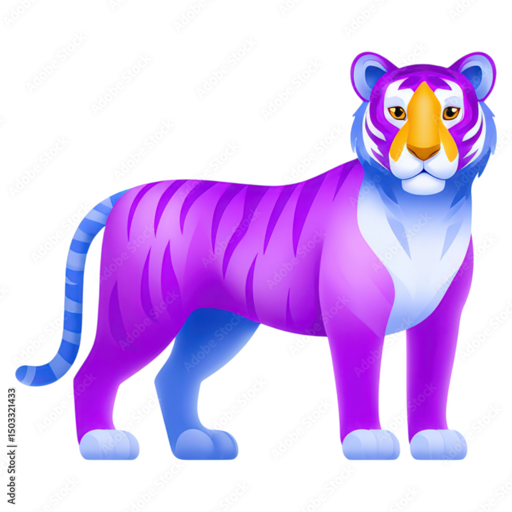 Fototapeta premium Colorful Cartoon Tiger with Creative Purple Fur and Blue Stripes, isolated on transparent background.