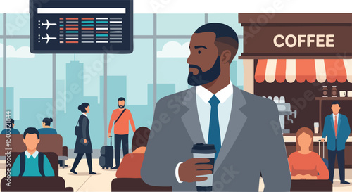 Businessman holding coffee cup at airport lounge with flight information board illustration 
