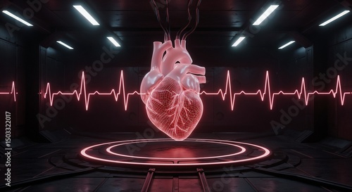 3D digital heart model with heartbeat line in futuristic environment  
