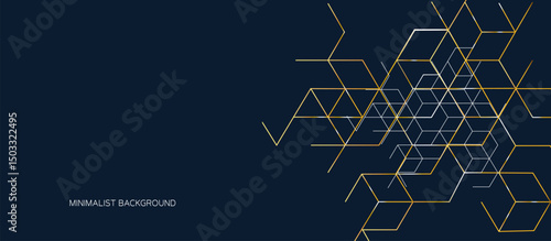 Dark Navy Blue Background with Complex Intersecting Golden Yellow and Off-White Lines, Overlapping Hexagonal and Triangular Pattern, Layered Density, Subtle Dotted Texture, Modern Design