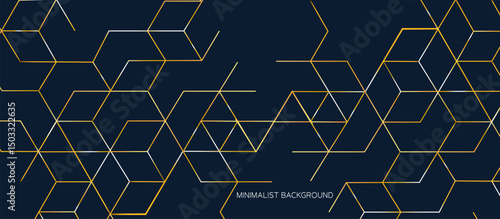  Dark Navy Blue Abstract Background with Interconnected Golden-Yellow and Off-White Lines, Three-Dimensional Hexagonal Prisms and Cubes, Staggered Geometric Network, Futuristic 3D Design