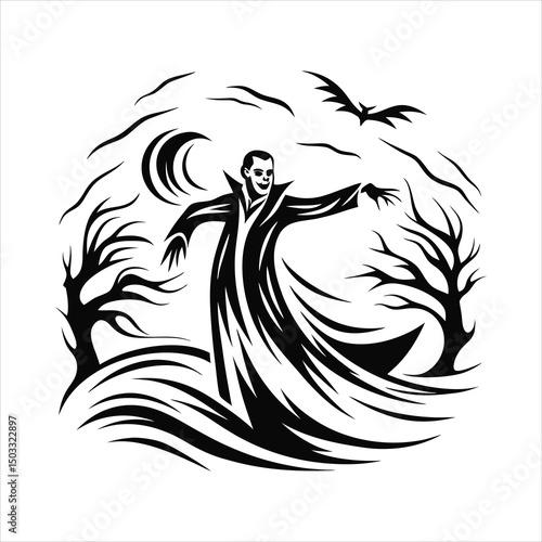 Vampire dancing in mist  long coat swirling  haunt