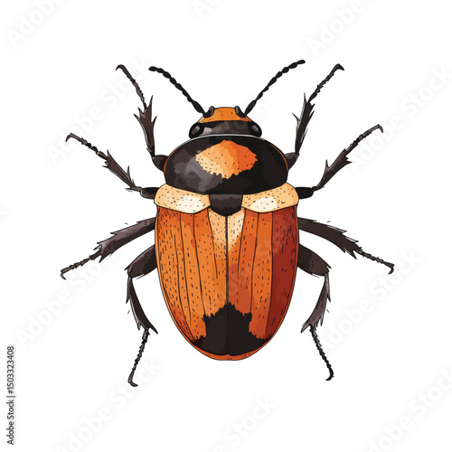 Detailed illustration of a colorful beetle with segmented legs and antennae