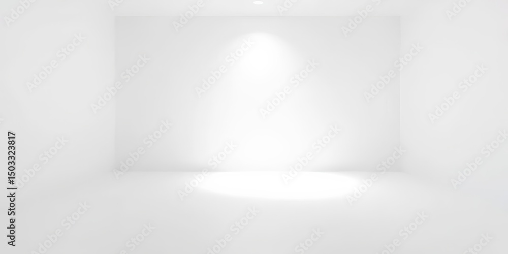 Fototapeta premium Clean white studio room with spotlight gradient, empty floor, copy space, backdrop, vector