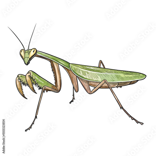Detailed Illustration of a Praying Mantis with Green and Brown Tones