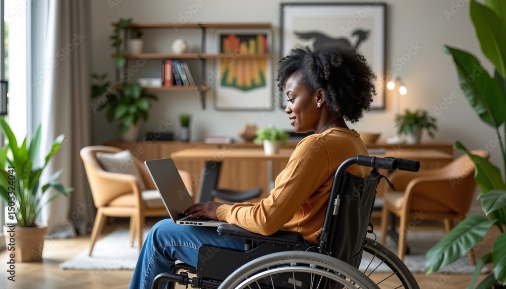 Young woman using laptop in modern living room, showcasing accessible technology and comfortable design elements Young woman using laptop in modern living room, showcasing accessible technology and comfortable design elements