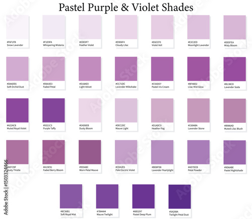 32 Pastel Purple Shades Color Swatches - 3d Light and Neutral Violet Tones - with HEX Codes and Names, Colour Palette, Scheme and Gradient