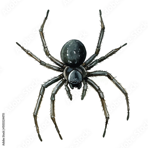 Detailed Watercolor Illustration of a Black Spider with Eight Legs and Fangs