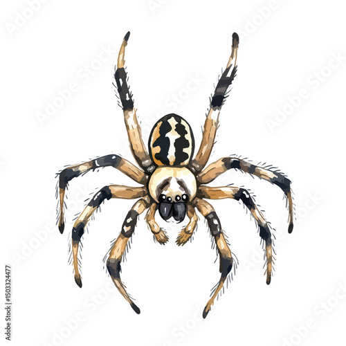 Detailed Watercolor Illustration of a Brown and Black Spider with Unique Markings