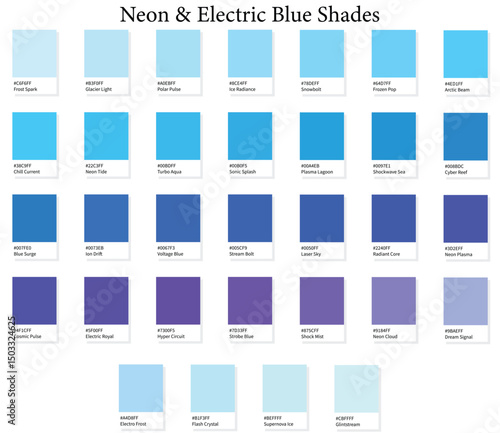 32 Neon and Electric Bright Blue Shades Color Swatches - 3d Vibrant Blues Tones - with HEX Codes and Names, Colour Palette, Scheme and Gradient