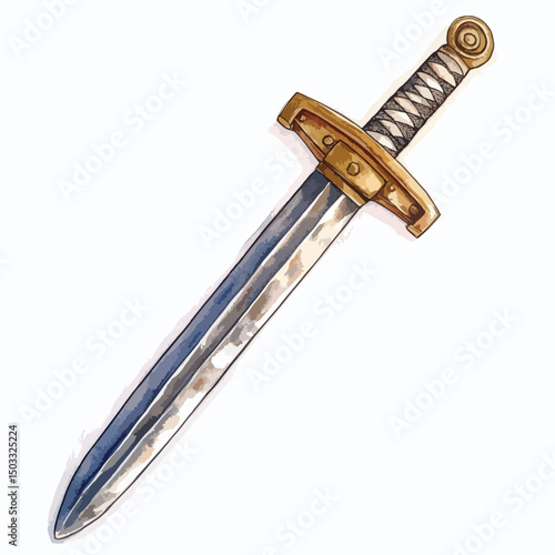 Detailed Watercolor Illustration of a Medieval Sword with Golden Hilt