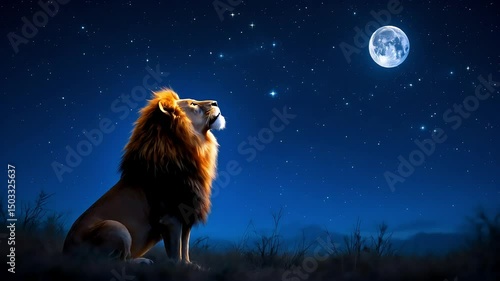A lion is seeing the full moon in the night