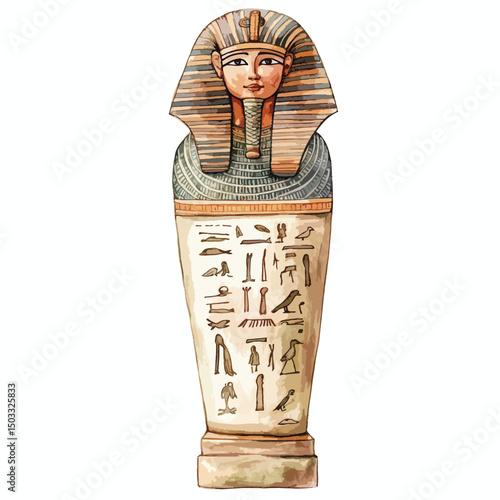 Detailed Watercolor Illustration of an Ancient Egyptian Sarcophagus with Hieroglyphs