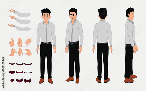 Professional Male Cartoon Character in Shirt  Sheet for 2D Vector Animation, Front, Back And Side Views,