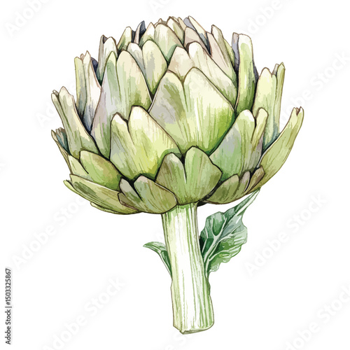 Detailed Watercolor Illustration of an Artichoke Head