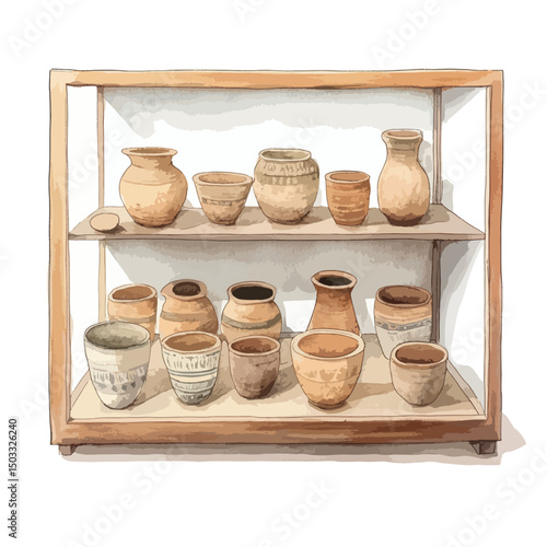 Display Case of Ancient Clay Pots with Intricate Designs