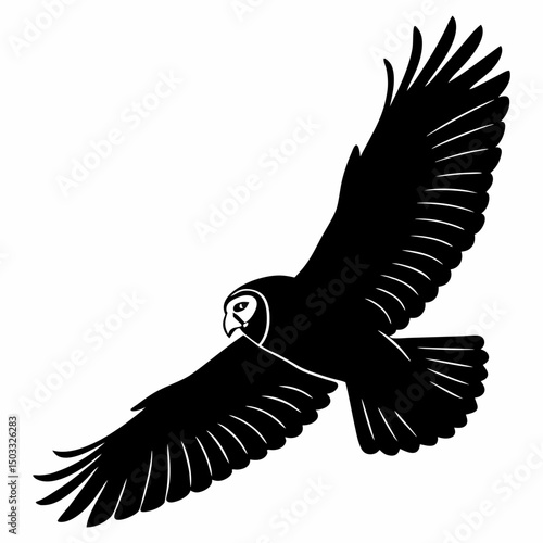 Mysterious Owl silhouette vector icon, captured in silent nocturnal flight with its broad wings extended. This clean, black graphic suggests wisdom and the night. Ideal for educational themes, Hallowe