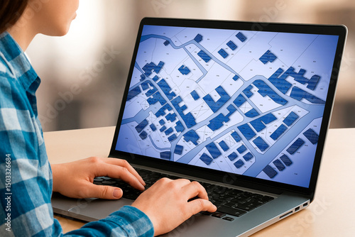 REALISTIC CADASTRAL AND URBAN ZONING MAP ON LAPTOP - Land registry and General Urban Plan with zoning regulations, land use classification, buildable areas and urban planning destinations
