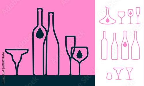 Outline drinkware silhouettes for graphic design, vector template