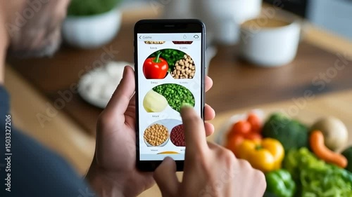 Man choosing ingredients for a healthy meal using a nutrition app