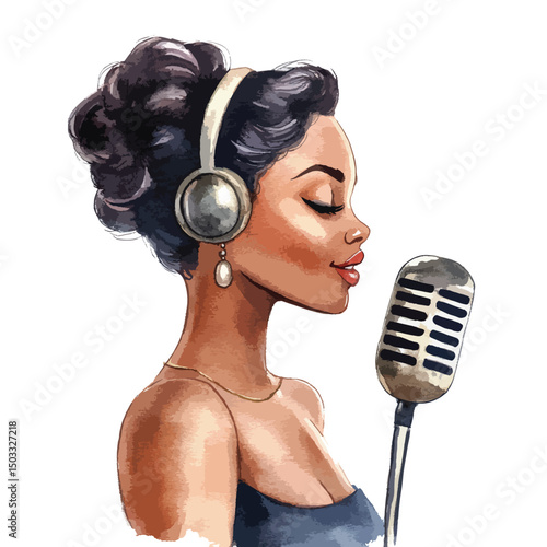 Elegant Woman with Headphones Singing into Vintage Microphone
