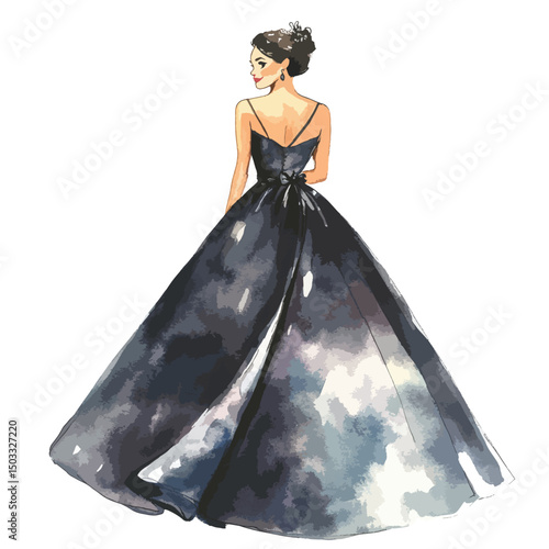 Elegant woman in watercolor style wearing a dark flowing gown