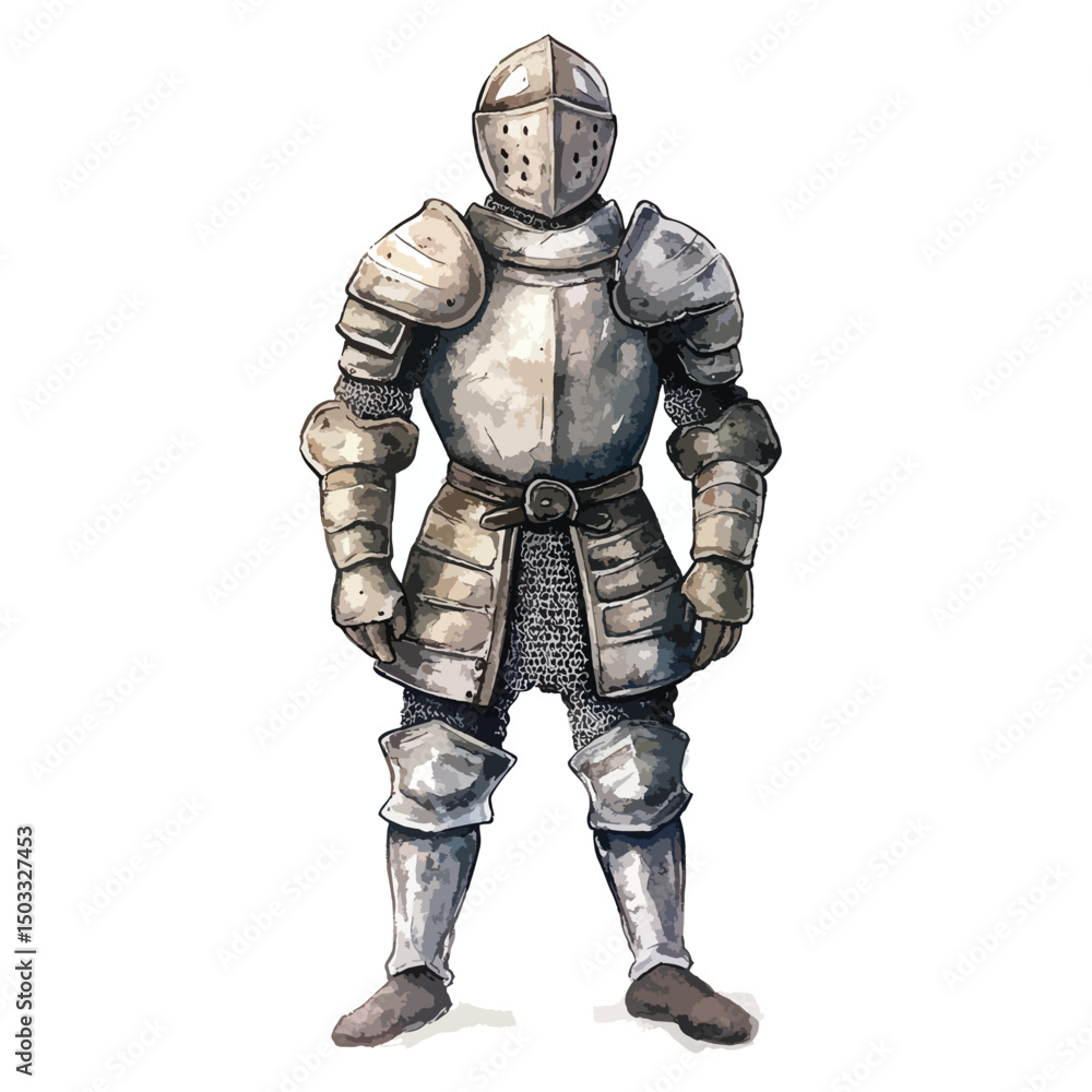 Full suit of armor with helmet and chainmail front view Full suit of armor with helmet and chainmail front view