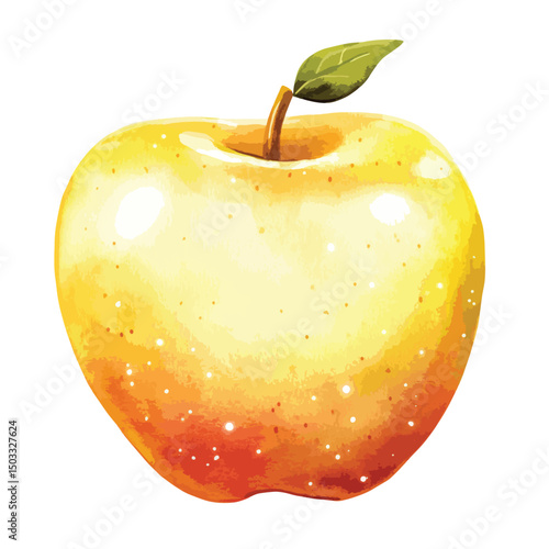 Golden Watercolor Apple with Subtle Orange Hues and Green Leaf