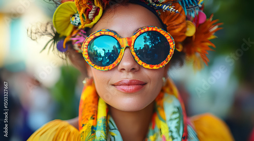 Wallpaper Mural Festival or carnival. A person is adorned with a festive headpiece and colorful accessories, including bright sunglasses and a decorative scarf. Torontodigital.ca
