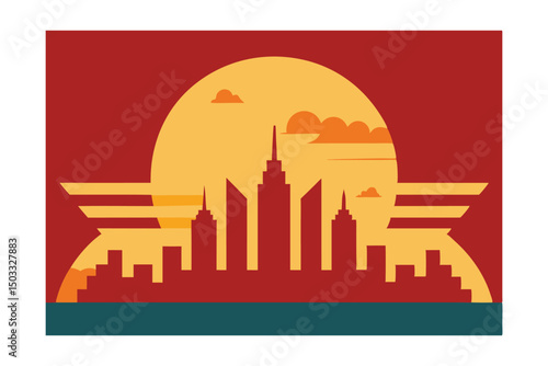 city skyline in red background