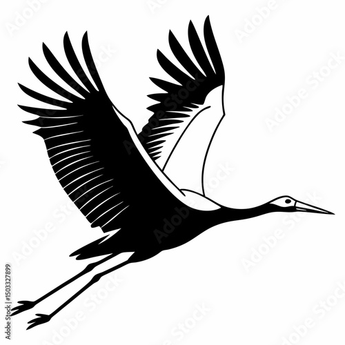 Iconic Stork silhouette vector icon, depicted in flight with long neck and legs extended, often associated with delivering babies. This clean, black graphic is perfect for baby announcements, nursery 