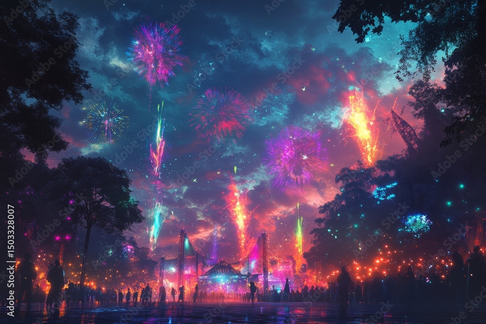 Vibrant fireworks display over festive nighttime celebration Vibrant fireworks display over festive nighttime celebration