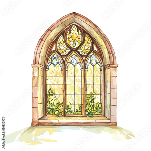 Ornate Stained Glass Window with Stone Archway
