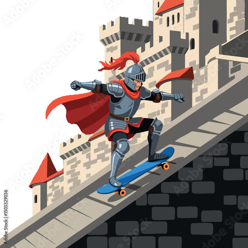 Knight in armor skateboarding down castle ramp with red cape and blue skateboard vector illustration 