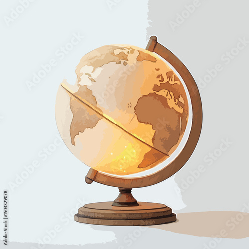 Ornate Wooden Globe with Soft Hues and Illuminated Continents
