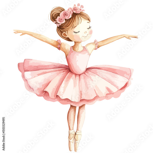 Serene Ballerina with Rose Wreath En Pointe in Pink Tulle