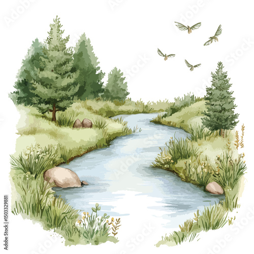 Serene watercolor landscape with winding river verdant trees and soaring birds