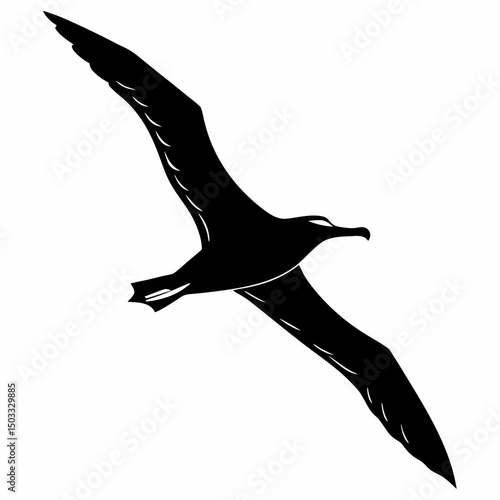 Majestic Albatross silhouette vector icon, captured in its effortless oceanic soar, showcasing its remarkable long wings. This clean, black graphic symbolizes endurance, long journeys, and the open 