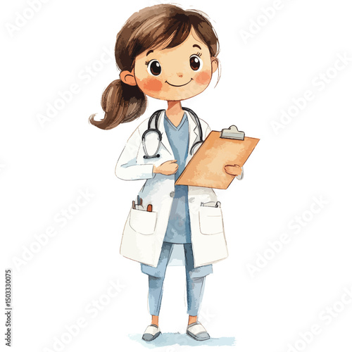 Smiling Cartoon Doctor with Ponytail Stethoscope Clipboard and Lab Coat
