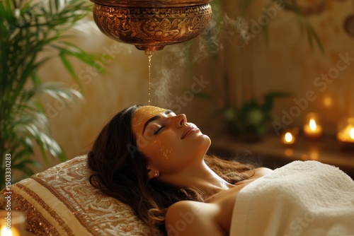 Luxurious Spa Scene: Woman Relaxing, Wellness & Shirodhara Treatment.
