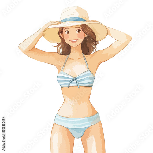 Smiling Woman in a Light Blue Striped Bikini and Straw Hat