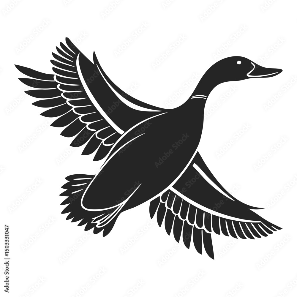 Obraz premium Familiar Duck silhouette vector icon, depicted in a characteristic flying pose with outstretched neck. This clean, black graphic is ideal for nature scenes, hunting themes, or rural designs.