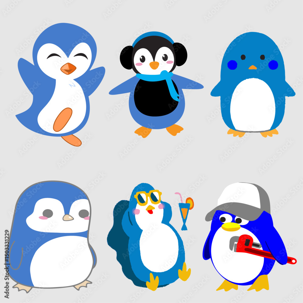 Naklejka premium Colourful Cute Penguin Set