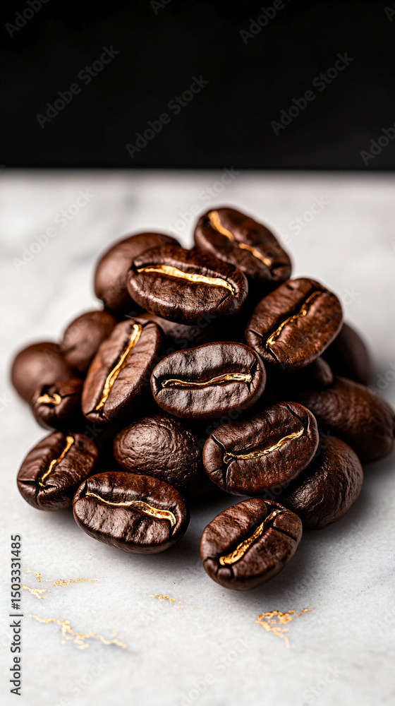 Fototapeta premium Portrait Shot of Dark Roasted Coffee Beans on White Marble with Edible Gold Veining