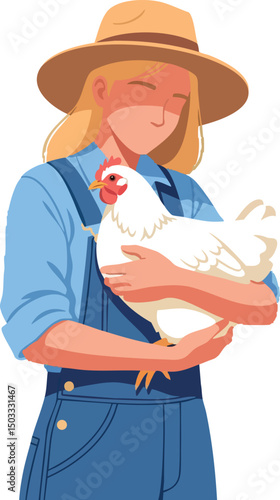 Woman in hat holding white chicken farm animal care vector illustration 