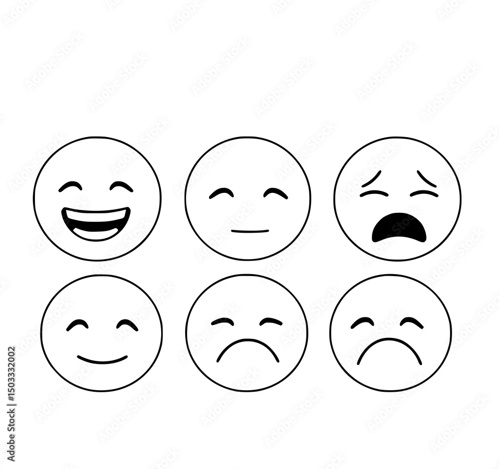 Emotional Spectrum: A set of minimalist emoji illustrations representing a spectrum of human emotions, designed with simplicity and clarity to convey feelings. Emotional Spectrum: A set of minimalist emoji illustrations representing a spectrum of human emotions, designed with simplicity and clarity to convey feelings.